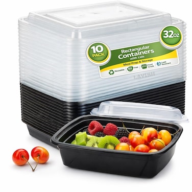 LAVISH 32Oz Disposable Rectangular  Containers with Lids 10 Pack, Microwave Safe Meal Prep Containers Plastic Lunch &amp; Takeaway Food Storage Boxes