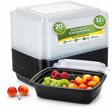 LAVISH 32Oz Disposable Rectangular  Containers with Lids 20 Pack, Microwave Safe Meal Prep Containers Plastic Lunch &amp; Takeaway Food Storage Boxes