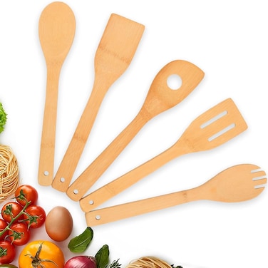 LAVISH Utensils Set, 5 Piece Bamboo Wooden Cooking Utensils Set with Spoons and Spatula for Nonstick Cookware, Simple Modern Kitchen Gadgets