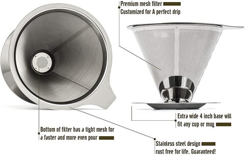 LAVISH  Paperless Pour Over Coffee Maker, 188 (304) Stainless Steel Reusable Drip Cone Coffee Filter, Single Cup Coffee Brewer