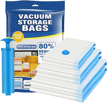 LAVISH Vacuum Storage bags with Hand Pump, 5 pack Space Saver Bags (1 XL, 2L, 2M) for Home and Travel, Reusable Compressed Air Storage Bags for Clothes