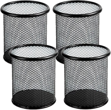 LAVISH 4-Pack Round Pen Cup   Black Mesh Pencil Holders for Office Desk, Home &amp; School   Durable Organizer