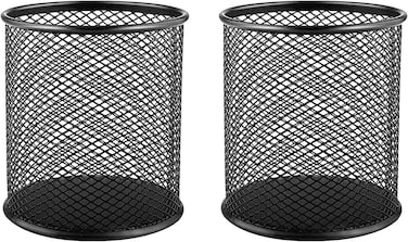 LAVISH Round Pencil Cup Holders   2 Pack Black Metal Mesh Pen Organizer for Office Desk &amp; Home