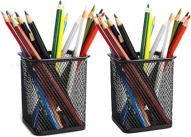 LAVISH 4-Pack Square Pen Cup   Black Mesh Pencil Holders for Office Desk, Home &amp; School   Durable Organizer