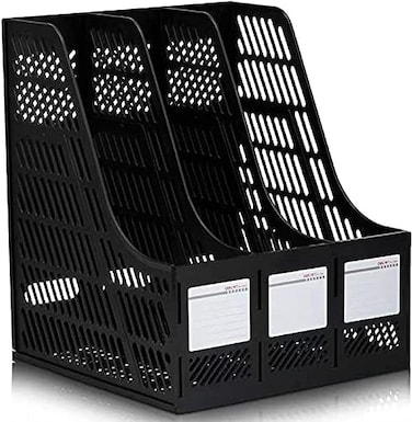 LAVISH Black Desk Organizer   3-Compartment Magazine Rack File Holder   Plastic Desktop Literature Sorter for Office, School &amp; Home Use
