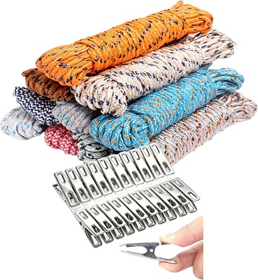 LAVISH 3Pc 10m/33 Ft Windproof Clothesline Set &ndash; Thickened Nylon Rope with 20 Stainless Steel Clips, Non-Slip Drying Line for Outdoor, Travel, Balcony &amp; Sun Quilt Drying
