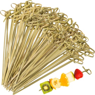 LAVISH 100Pcs Bamboo Cocktail Picks 10CM Bamboo Skewers Fruit Toothpicks for Appetizers Drink Garnish Sticks Handmade Food Pick with Looped Knot for Party Bar Snacks Sandwiches Drinks