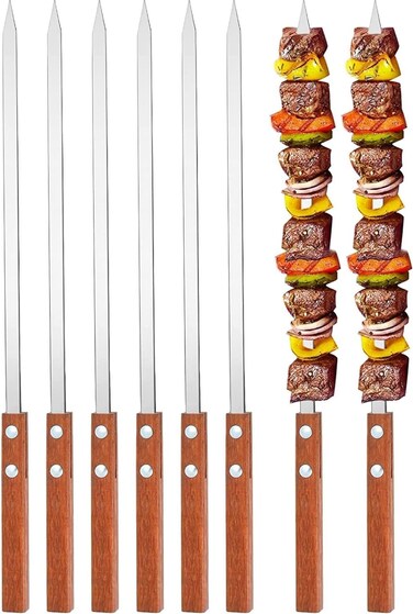LAVISH 6 Pcs BBQ Skewers Set, Turkish Skewers with Wooden Handle, Stainless Steel Kebab Skewers, for Koobideh Kebab, Turkish Style BBQ