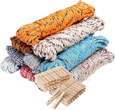 LAVISH 3Pc 10m/33Ft Windproof Clothesline Set &ndash; Heavy-Duty Nylon Rope with 20 Wooden Clips, Non-Slip, Weather-Resistant Drying Line for Outdoor, Travel, Balcony, and Sun Quilt Drying