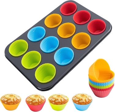 LAVISH Non-Stick Carbon Steel Muffin Pan &ndash; 12-Cup Cupcake Baking Tray with Random Color Silicon Cupcake Liners