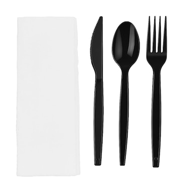 LAVISH 25-Pack Disposable Black Cutlery Set with Napkin &ndash; Individually Wrapped Fork Spoon Knife Combo for Travel, Camping, Events, Takeaway &amp; Parties
