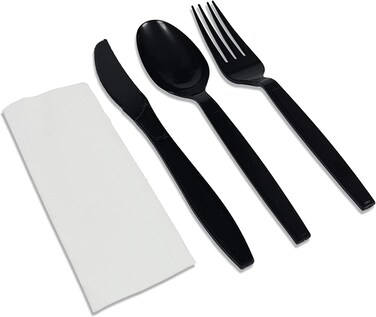 LAVISH 50 Count Wrapped Plastic Utensils Set &ndash; Disposable Black Forks, Spoons, Knives with Napkin &ndash; Ideal for Parties, Outdoor Events, Office, Lunches, BBQs