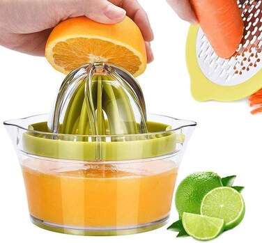 LAVISH 4-in-1 Manual Citrus Juicer &ndash; Orange &amp; Lemon Squeezer with Measuring Cup, Garlic Grater &amp; Hand Press Reamer
