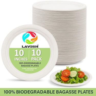LAVISH 10-Inch Biodegradable Bagasse Plates   10-Pack Eco-Friendly Sugarcane Disposable Plates   Heavy-Duty Compostable &amp; Microwave-Safe Plates for Parties &amp; Daily Use