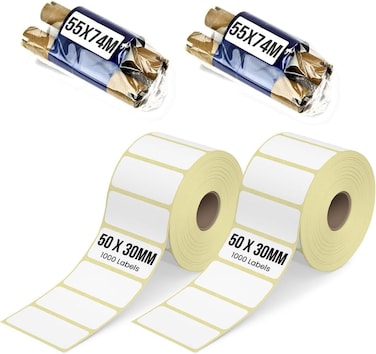 Combo Pack &ndash; 2 Rolls 5cm x 3cm Barcode Label Stickers (1000 Each) + 2 Rolls 55mm x 74m Transfer Wax Ribbon &ndash; Self Adhesive Thermal Transfer Labels