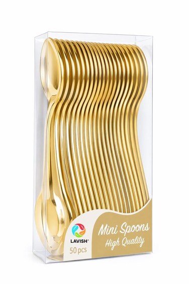 LAVISH 50 Pcs Mini Light Golden Plastic Spoons &ndash; 10 cm Reusable Cutlery for Parties, Dessert, Baking &amp; Tasting &ndash; Durable &amp; Elegant Small Spoons