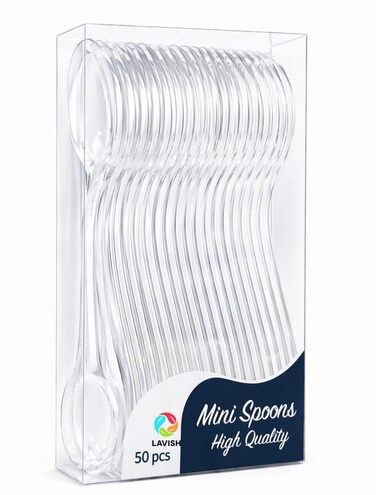 LAVISH 50 Pcs Mini Clear Plastic Spoons &ndash; 10 cm Reusable Cutlery for Parties, Dessert, Baking &amp; Tasting &ndash; Durable &amp; Elegant Small Spoons