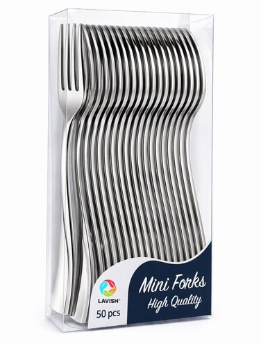 LAVISH 50 Pcs Mini Silver Plastic Forks &ndash; 10 cm Reusable Cutlery for Parties, Dessert, Baking &amp; Tasting &ndash; Durable &amp; Elegant Small Spoons