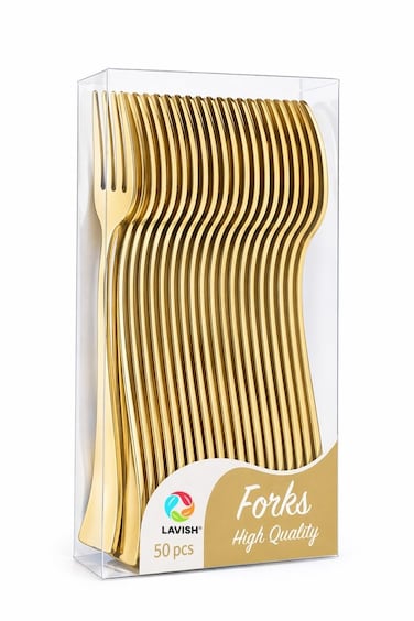 LAVISH 50 Pcs Mini Light Golden Plastic Forks &ndash; 10 cm Reusable Cutlery for Parties, Dessert, Baking &amp; Tasting &ndash; Durable &amp; Elegant Small Spoons