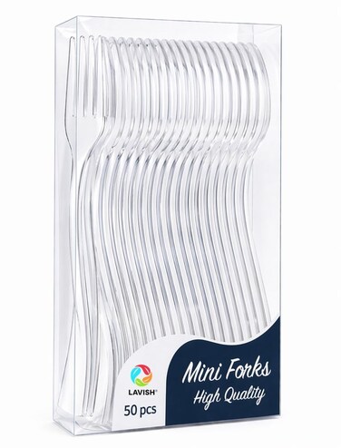 LAVISH 50 Pcs Mini Clear Plastic Forks &ndash; 10 cm Reusable Cutlery for Parties, Dessert, Baking &amp; Tasting &ndash; Durable &amp; Elegant Small Spoons