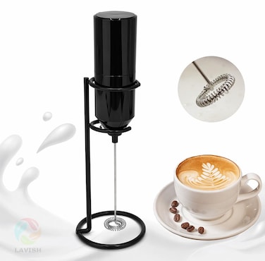 Powerful Handheld Milk Frother with Stand &ndash; Black Mini Electric Foam Maker &amp; Drink Mixer for Coffee, Cappuccino, Latte, Matcha &amp; Hot Chocolate