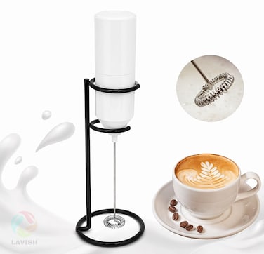 Powerful Handheld Milk Frother with Stand &ndash; White Mini Electric Foam Maker &amp; Drink Mixer for Coffee, Cappuccino, Latte, Matcha &amp; Hot Chocolate