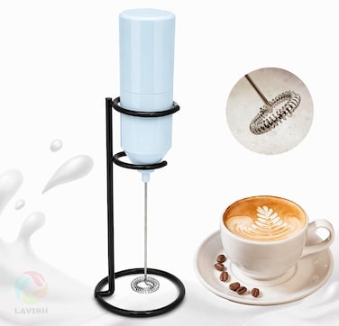 Powerful Handheld Milk Frother with Stand &ndash; Blue Mini Electric Foam Maker &amp; Drink Mixer for Coffee, Cappuccino, Latte, Matcha &amp; Hot Chocolate