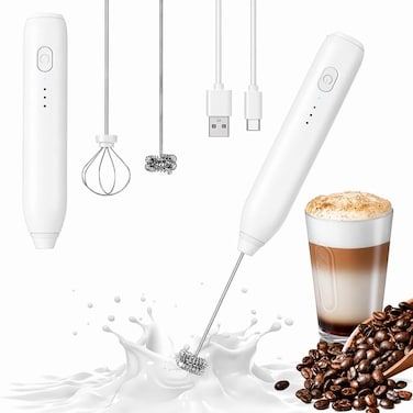 Rechargeable Milk Frother White Handheld Foam Maker Stainless Whisk for Coffee Latte Cappuccino Mixer