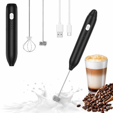 Rechargeable Milk Frother Black Handheld Foam Maker Stainless Whisk for Coffee Latte Cappuccino Mixer