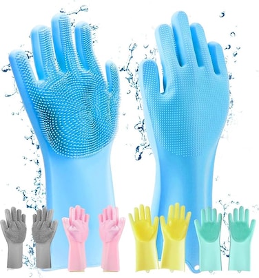 Silicone Dishwashing Gloves Magic Cleaning Gloves Reusable Scrubber Gloves for Kitchen Car Bathroom and Pet Grooming Multicolor 1 Pair