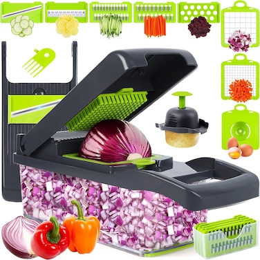 16-in-1 Vegetable Chopper and Slicer, Multifunction Food Chopper with Container and Drain Basket for Kitchen, Onion and Salad Chopper Tool Set