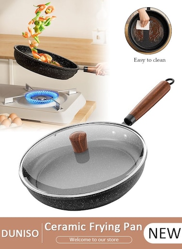 Ceramic Lightweight Frying Pan Skillet Thickened Bottom,28cm Healthy Non-Stick 0 Fluorine Washable Coating Pans with Heat-Resistant Hanging Handle Thickened Glass Lid,Durable Wear and High Temperature Resistance Omelette Pan Compatible with All Stovetops,Ideal Frying, Cooking, Sauteing
