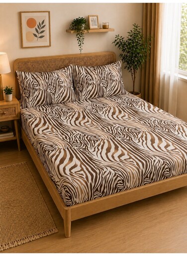 3-Piece Fitted Bedsheet Set, Zebra Print, 100% Cotton, 125 GSM, 1 Fitted Sheet + 2 Pillowcases &acirc;&euro;&ldquo; Available in King, Queen and Single Sizes