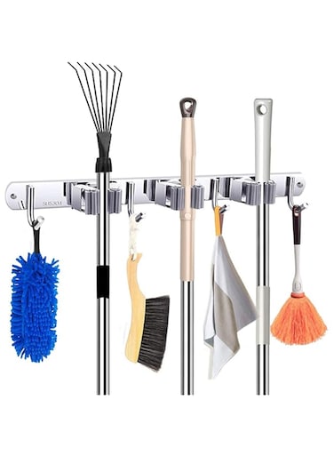 Mop Broom Wall Mount, 3 Clip 4 Hook Broom Holder Stainless Steel Storage Wall Mount Heavy-Duty Wall-Mounted Tool Rack Durable Used for Home Kitchen Garden Garage Organization Storage
