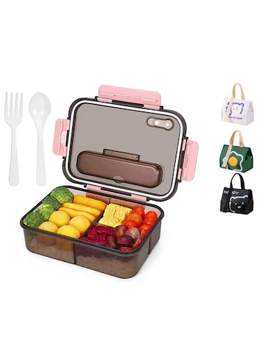 COOLBABY Student Office Worker Lunch Box Microwave Available Easy to Clean Leak-proof Reusable 1500ML 3 Compartments Built-in Cutlery (Pink) Randomly send an aluminum film lunch bag