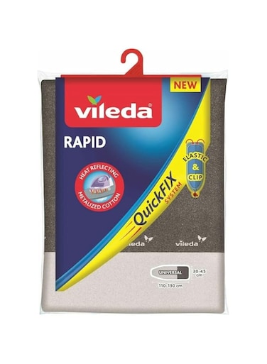 Vileda Rapid Ironing Board Cover, Foam Pad, Metalized Cotton, Heat Reflecting, Universal Size up to 45 x 130, Grey Metallic