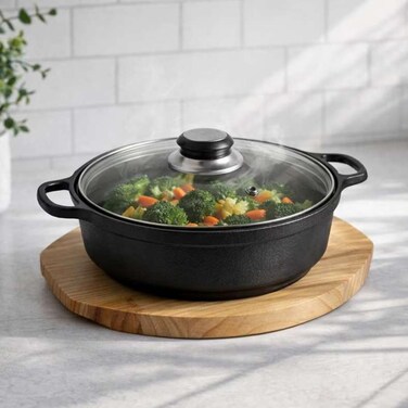 Home Cast Iron Cooking Pot with Wooden Tray - Black