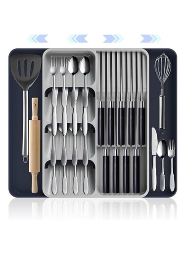 YOUWE7 Silverware Drawer Organizer, Expandable Kitchen Drawer Organizer with Removable Knife Block, Adjustable Cutlery and Flatware Holder, Plastic Spoon Forks Holder Storage Divider, Large (Blue)