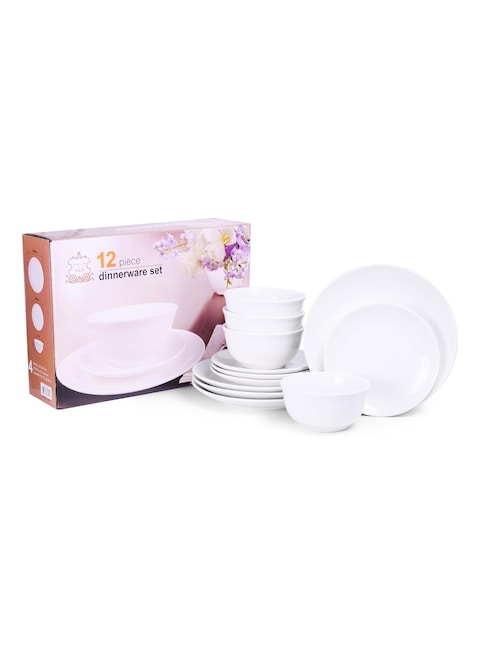 Shallow 12-Piece Porcelain Dinnerware Set &ndash; Elegant Ceramic Crockery for 4   Includes 26.8 cm Dinner Plates, 20 cm Side Plates, and 15 cm Bowls, White