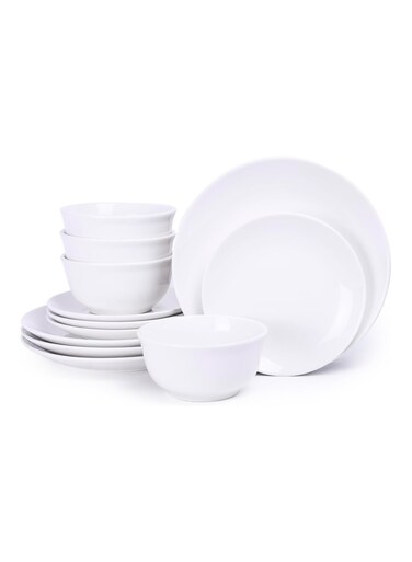 Shallow 12-Piece Porcelain Dinnerware Set &ndash; Elegant Ceramic Crockery for 4   Includes 26.8 cm Dinner Plates, 20 cm Side Plates, and 15 cm Bowls, White