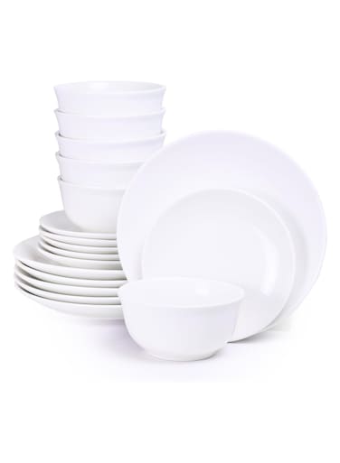 Shallow 18-Piece Porcelain Dinnerware Set &ndash; Elegant Ceramic Crockery for 6   Includes 26.8 cm Dinner Plates, 20 cm Side Plates, and 15 cm Bowls, White