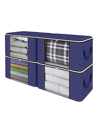 4-Piece Zipped Large Foldable Storage Bag Organizer With Reinforced Handle Blue/White 60x40x35cm