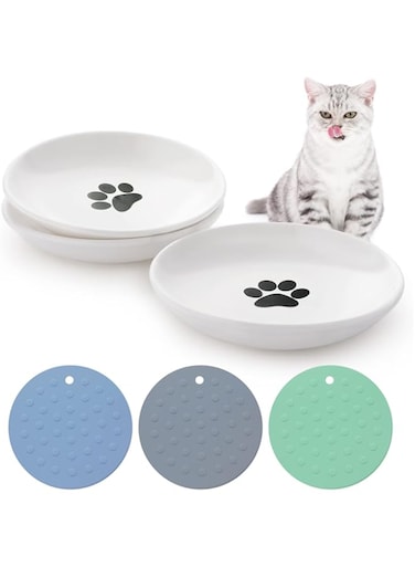 Dorakitten Ceramic Cat Food Plates: Cat Wet Food Bowls Cat Feeding Wide Bowls to Stress Relief of Whisker Fatigue Cat Dishes, Shallow Bowls for Kittens and Small Animals with Non-Slip Mat3