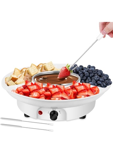 LENND Electric Fondue Pot Set, Chocolate Cheese Fondue Set, Hot Chocolate Machine, Fondue Maker, Detachable Serving Trays with 2 Roasting Forks, Aluminum Pot for Candy,Ice Cream, Kitchen Appliances