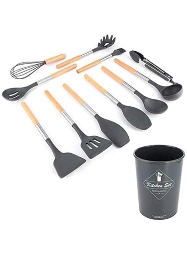 Non-Stick 12 Pcs Silicone Kitchen Cooking Utensil Set Silicone Utensil Set for Cooking with Wooden Handle 230&deg;F Heat Resistant Wooden Spoons Gadgets Tool for Non-Stick Cookware (Gray)