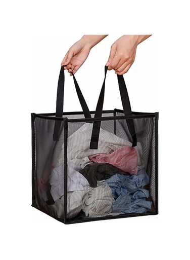 JCZD Storage &amp; Laundry Baskets, Sturdy Mesh Laundry Basket with Handles, Collapsible, Multifunctional, Ideal for Apartments, Dorms, RVs, Efficiently Organizes Laundry, Clothes (Black-Single layer)