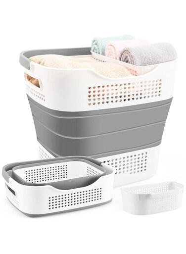 Foldable Laundry Basket Plastic 40L with Handle, Collapsible Bucket Laundry Hamper, Plastic Basket Laundry Bin Container, Multi purpose Organizer Clothes Storage Washing Basket for Home - Grey