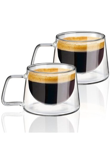 of 2 Double Walled Insulated Coffee Cups, Borosilicate Glass with Handle, Heat Resistant