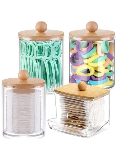4 Pack Qtip Holder, Cotton Ball Holder, 10 OZ,7 OZ Bathroom Jars, Cotton Ball/Swabs Dispenser, Plastic Apothecary Container Jar for Bathroom Canister Storage Organization, Vanity Makeup Organizer