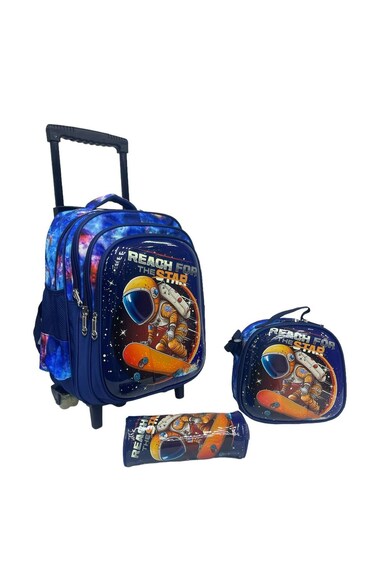 Kids School Trolley Backpack Set, 3 Pieces, 18 Inch Rolling Bag with Lunch Box and Pencil Case (Blue Astronaut, 18 Inch)